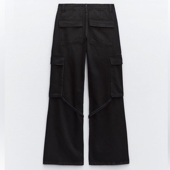 Zara Mid Rise Wide Leg Black Denim Cargo TRF Jeans - Picture 7 of 10